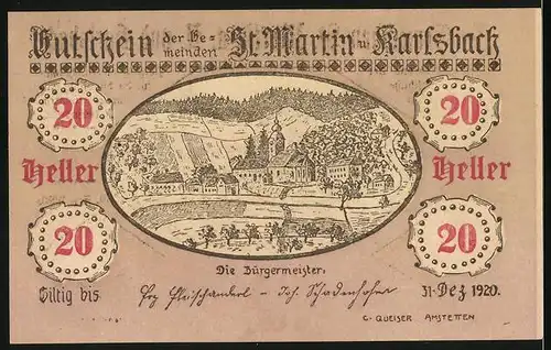 Notgeld St. Martin a. D. und Karlsbach 1920, 20 Heller, Ortspanorama und Ruinen