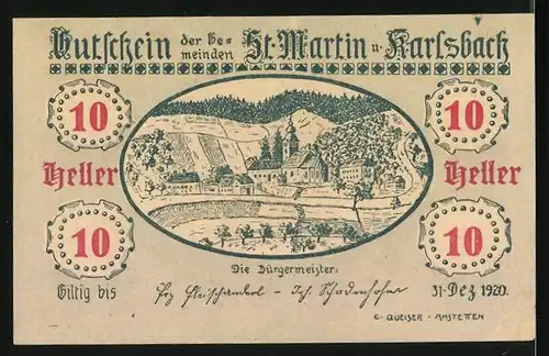 Notgeld St. Martin a. D. und Karlsbach 1920, 10 Heller, Ortspanorama und Ruinen