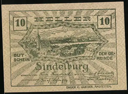 Notgeld Sindelburg 1920, 10 Heller, Ortspanorama, Junge Frau auf dem Feld