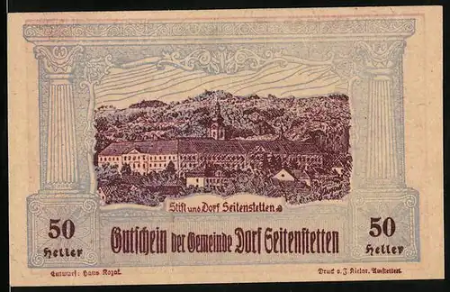 Notgeld Seitenstetten 1920, 50 Heller, Stift und Dorf Seitenstetten