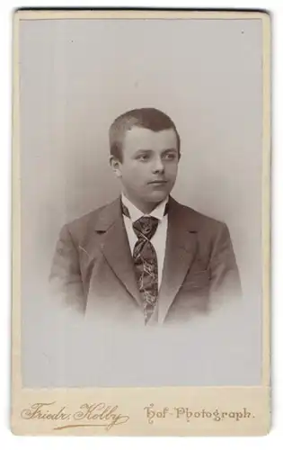 Fotografie Friedr. Kolby, Zwickau i. S., äuss. Plauensche-Strasse, Junge im Anzug mit gemusterter Krawatte