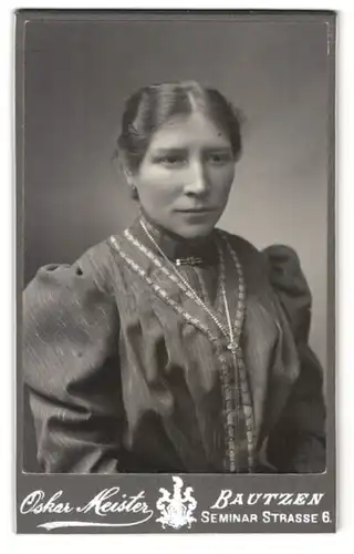 Fotografie Oskar Meister, Bautzen, Seminar Strasse 6, Junge Dame mit markanter Nase im Kleid mit Puffärmeln