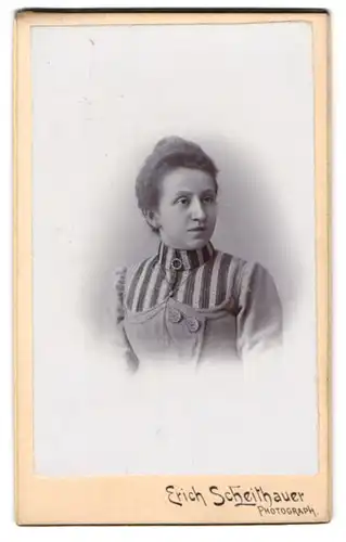 Fotografie E. Scheithauer, Zwickau i. S., Plauensche Str. 24, Frau mit gestreifter Bluse