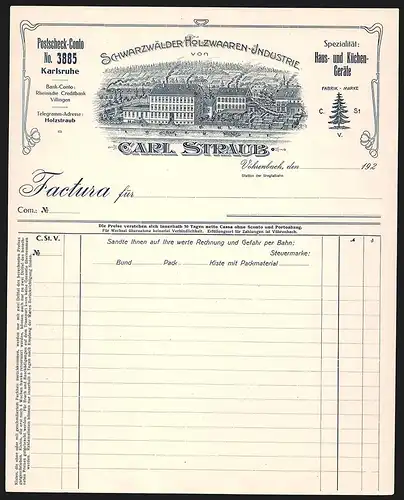 Rechnung Vöhrenbach, Carl Straub, Schwarzwälder Holzwaaren-Industrie, Fabrikgelände mit gelagerter Ware