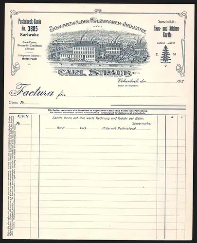 Rechnung Vöhrenbach, Carl Straub, Schwarzwälder Holzwaaren-Industrie, Betriebsgelände mit gelagerter Ware