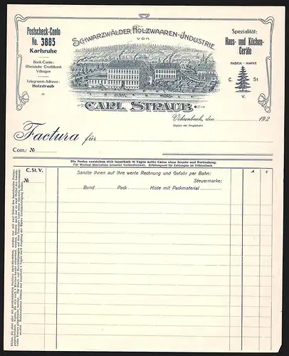 Rechnung Vöhrenbach, Carl Straub, Schwarzwälder Holzwaaren-Industrie, Werkgelände mit gelagerter Ware