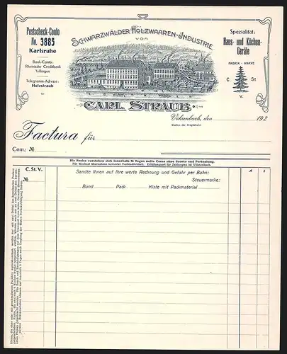 Rechnung Vöhrenbach, Carl Straub, Schwarzwälder Holzwaaren-Industrie, Betriebsareal mit gelagerter Ware