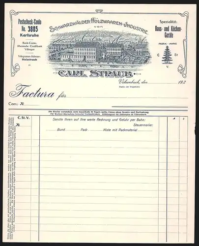 Rechnung Vöhrenbach, Carl Straub, Schwarzwälder Holzwaaren-Industrie, Fabrikareal mit gelagerter Ware