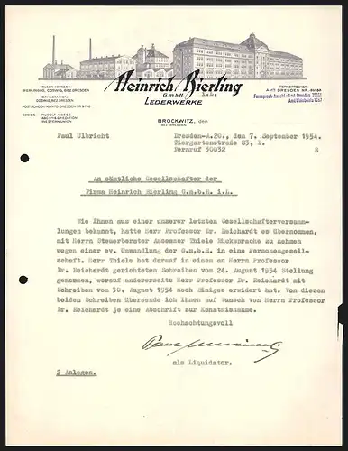 Rechnung Brockwitz 1954, Heinrich Rierling GmbH, Lederwerke, Gesamtansicht des Betriebsgeländes