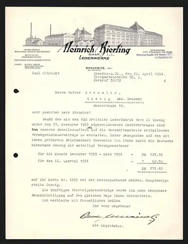 Rechnung Brockwitz 1954, Heinrich Rierling GmbH, Lederwerke, Gesamtansicht des Werkgeländes
