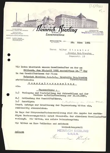 Rechnung Brockwitz 1951, Heinrich Rierling GmbH, Lederwerke, Gesamtansicht des Betriebsgeländes