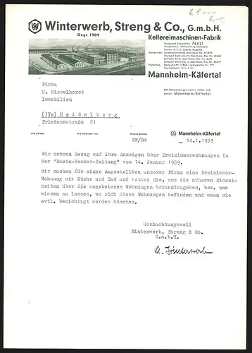 Rechnung Mannheim-Käfertal 1959, Winterwerb, Streng & Co. GmbH, Kellereimaschinen-Fabrik, Transportzug am Fabrikgelände
