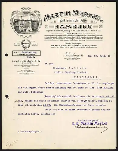 Rechnung Hamburg 1911, Martin Merkel, Fabrik technischer Artikel, Blick auf die Geschäftsgebäude