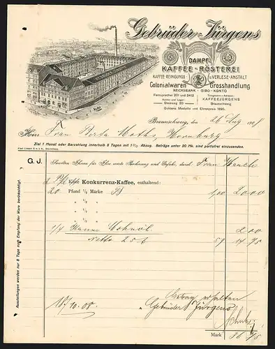 Rechnung Braunschweig 1908, Gebrüder Jürgens, Dampf-Kaffee-Rösterei & Colonialwaren-Grosshandlung, Betriebsansicht