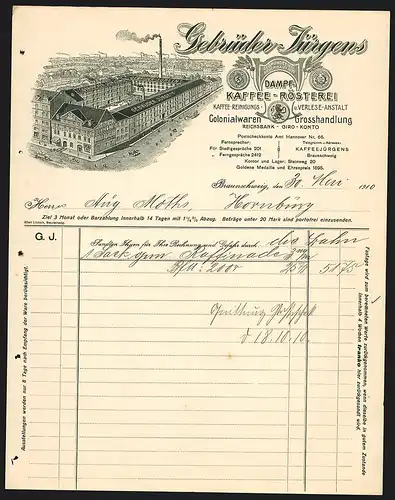 Rechnung Braunschweig 1910, Gebrüder Jürgens, Dampf-Kaffee-Rösterei & Colonialwaren-Grosshandlung, Betriebsansicht