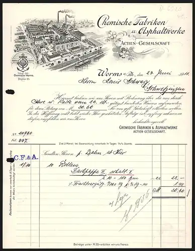 Rechnung Worms a. Rh. 1911, Chemische Fabriken u. Asphaltwerke, GmbH, Das Fabrikgelände aus der Vogelschau
