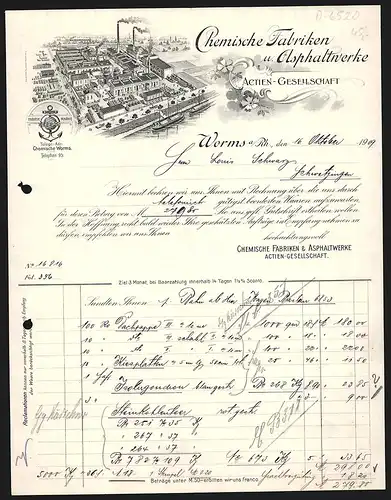 Rechnung Worms a. Rh. 1909, Chemische Fabriken u. Asphaltwerke, GmbH, Das Fabrikgelände aus der Vogelschau