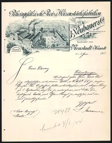 Rechnung Neustadt a. Haardt 1904, J. Neubauer & Co., Rheinpfälzische Reis- & Weizenstärkefabrik, Das Betriebsgelände