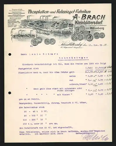 Rechnung Kleinblittersdorf 1908, A. Brach, Thonplatten- und Falzziegel-Fabriken, Fabrikanlage am Fluss, Auszeichnungen