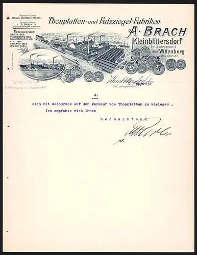 Rechnung Kleinblittersdorf, A. Brach, Thonplatten- und Falzziegel-Fabriken, Fabrikanlage am Fluss, Auszeichnungen