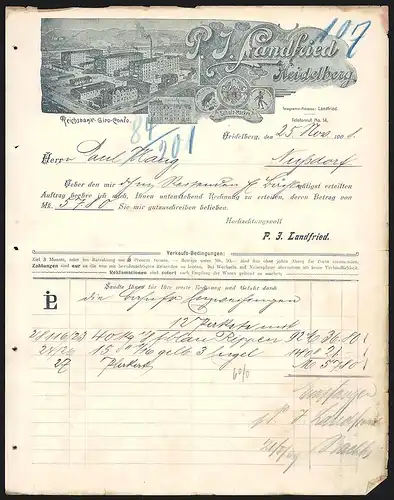 Rechnung Heidelberg 1908, Firma P. J. Landfried, Fabrikgelände, Arbeiterwohnungen und Schutzmarken