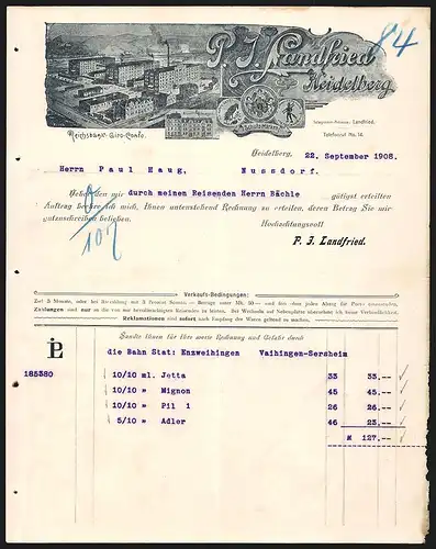 Rechnung Heidelberg 1908, Firma P. J. Landfried, Fabrikgelände, Arbeiterwohnungen und drei Schutzmarken