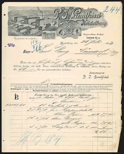 Rechnung Heidelberg 1903, Firma P. J. Landfried, Fabrikgelände, Arbeiterwohnungen, Schutzmarken