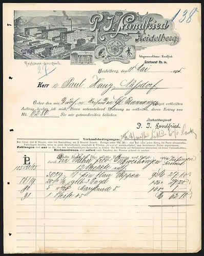 Rechnung Heidelberg 1905, Firma P. J. Landfried, Fabrikgelände, Arbeiterwohnungen, Schutzmarken