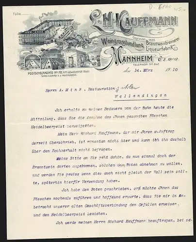 Rechnung Mannheim 1910, L. H. Kaufmann, Weingrosshandlung, Branntweinbrennerei, Likörfabrik, Betrieb mit Weinkeller