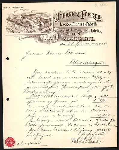 Rechnung Mannheim 1910, Johannes Forrer, Lack- & Firniss-Fabrik, Betriebsgelände mit Verladegleisen, Schutzmarke