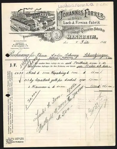 Rechnung Mannheim 1923, Johannes Forrer, Lack- & Firniss-Fabrik, Betriebsgelände mit Verladegleisen, Schutzmarke