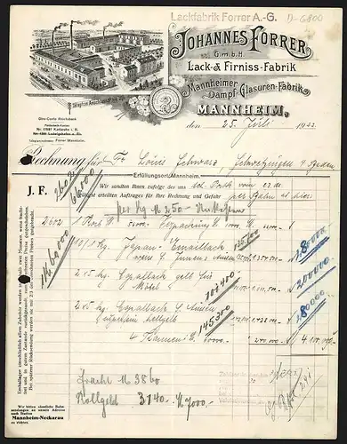 Rechnung Mannheim 1923, Johannes Forrer, Lack- & Firniss-Fabrik, Fabrikgelände mit Verladegleisen, Schutzmarke