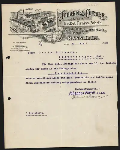Rechnung Mannheim 1920, Johannes Forrer, Lack- & Firniss-Fabrik, Betriebsgelände mit Verladegleisen, Schutzmarke