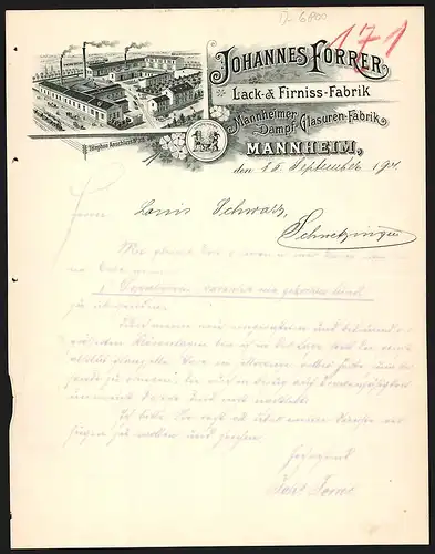 Rechnung Mannheim 1901, Johannes Forrer, Lack- & Firniss-Fabrik, Betriebsgelände mit Verladegleisen, Schutzmarke