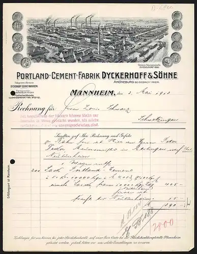 Rechnung Mannheim 1913, Dyckerhoff & Söhne, Portland-Cement-Fabrik, Fabrikkomplex mit Verladehafen und Arbeiterwohnungen