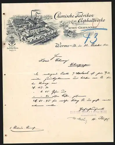Rechnung Worms a. Rh. 1900, Chemische Fabriken & Asphaltwerke AG, Fabrikanlage mit Verladehafen, Schutzmarke