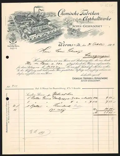 Rechnung Worms a. Rh. 1902, Chemische Fabriken & Asphaltwerke AG, Fabrikanlage mit Verladehafen, Schutzmarke