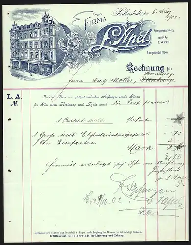 Rechnung Halberstadt 1902, Firma L. Apel, Geschäftsgebäude mit Schaufenstern