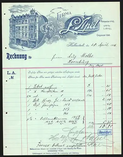 Rechnung Halberstadt 1906, Firma L. Apel, Geschäftsgebäude mit Schaufenstern