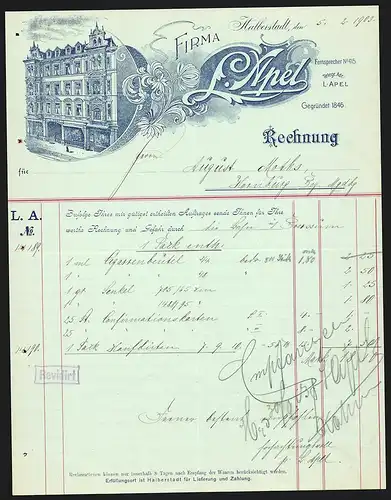 Rechnung Halberstadt 1903, Firma L. Apel, Geschäftsgebäude mit Schaufenstern