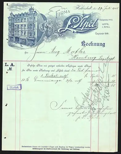 Rechnung Halberstadt 1901, Firma L. Apel, Geschäftsgebäude mit Schaufenstern