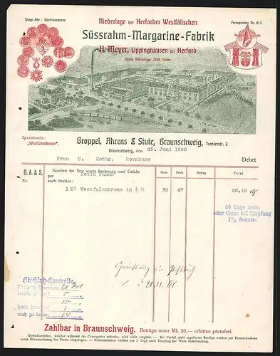 Rechnung Braunschweig 1908, Groppel, Ahrens & Stute, Süssrahm-Margarine-Fabrik, Betriebsgelände mit Gleisanlage