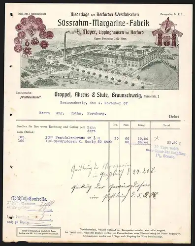 Rechnung Braunschweig 1907, Groppel, Ahrens & Stute, Süssrahm-Margarine-Fabrik, Betriebsgelände mit Gleisanlage