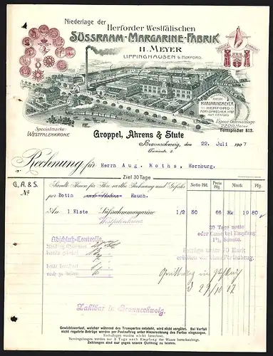 Rechnung Braunschweig 1907, Groppel, Ahrens & Stute, Süssrahm-Margarine-Fabrik, Fabrikgelände mit Gleisanlage