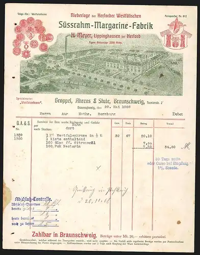 Rechnung Braunschweig 1908, Groppel, Ahrens & Stute, Süssrahm-Margarine-Fabrik, Fabrikgelände mit Gleisanlage
