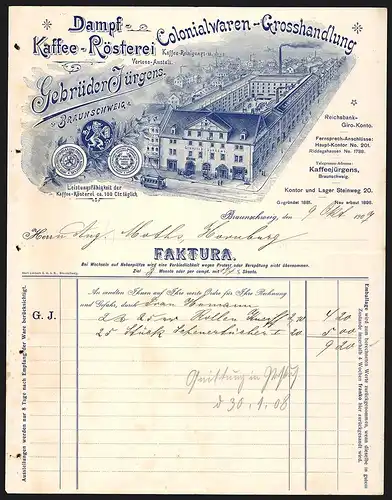 Rechnung Braunschweig 1907, Gebrüder Jürgens, Kaffee-Rösterei & Colonialwaren-Grosshandlung, Strassenbahn vor der Fabrik