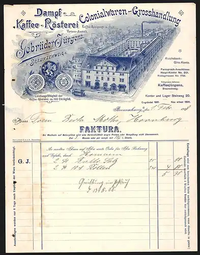 Rechnung Braunschweig 1908, Gebrüder Jürgens, Kaffee-Rösterei & Colonialwaren-Grosshandlung, Strassenbahn vor der Fabrik