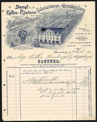 Rechnung Braunschweig 1900, Gebrüder Jürgens, Kaffee-Rösterei & Colonialwaren-Grosshandlung, Strassenbahn vor der Fabrik