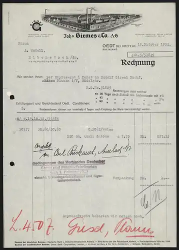 Rechnung Oedt bei Krefeld 1932, Firma Joh. Girmes & Co. AG, Totalansicht des Hauptwerks mit regem Strassenverkehr davor