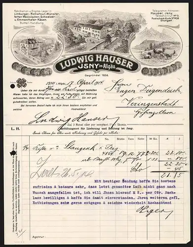 Rechnung Isny im Allgäu 1914, Ludiwg Hauser, Käse-Fabrik und Butter-Handlung, Fabrik, Geschäftsstelle und Kuhweide